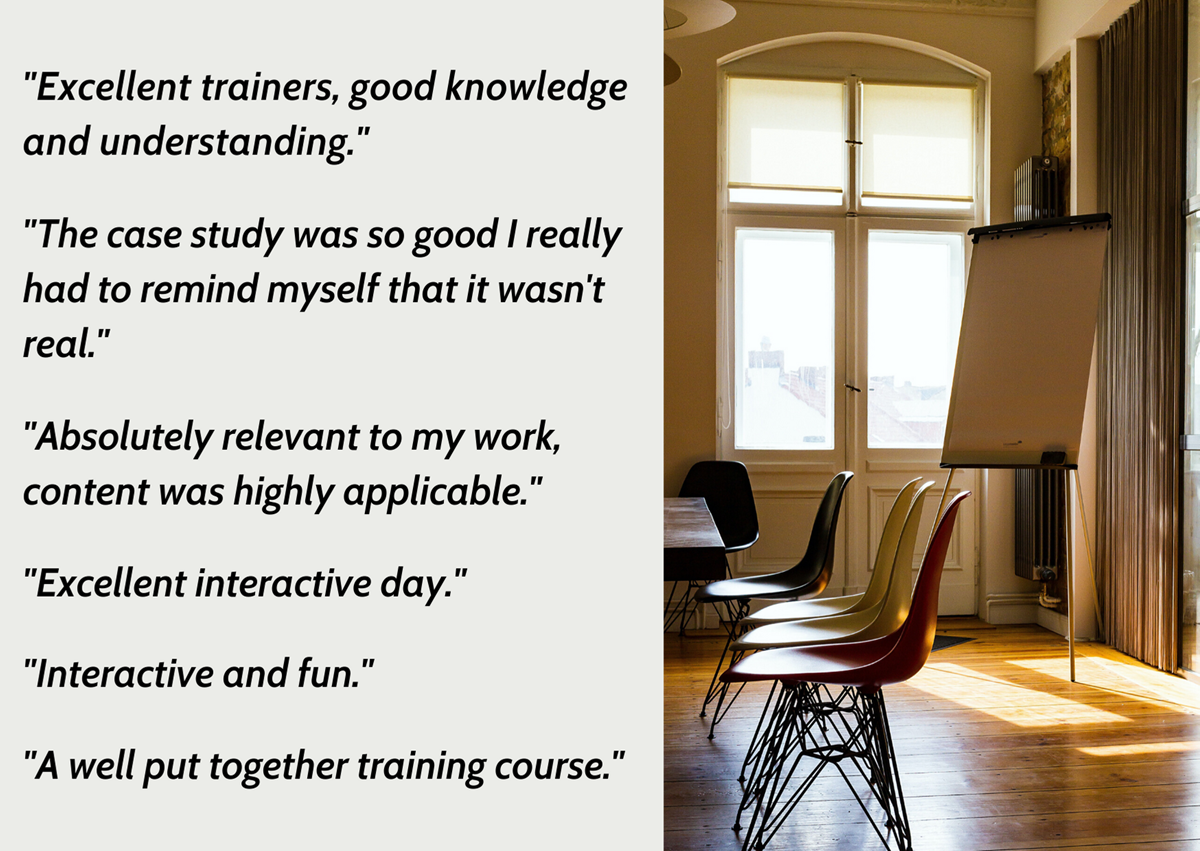 Quotes from people who have taken the Ombudsman's training. Excellent trainers, good knowledge and understanding. The case study was so good I really had to remind myself that it wasn't real. Absolutely relevant to my work, content was highly applicable. Excellent interactive day. Interactive and fun. A well put together training course.